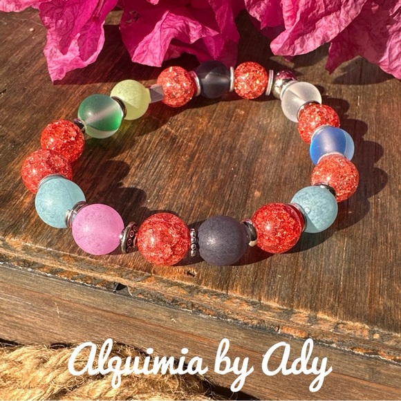 Chunky Tangerine orange crackled Quartz beaded bracelet - Picture 1 of 1